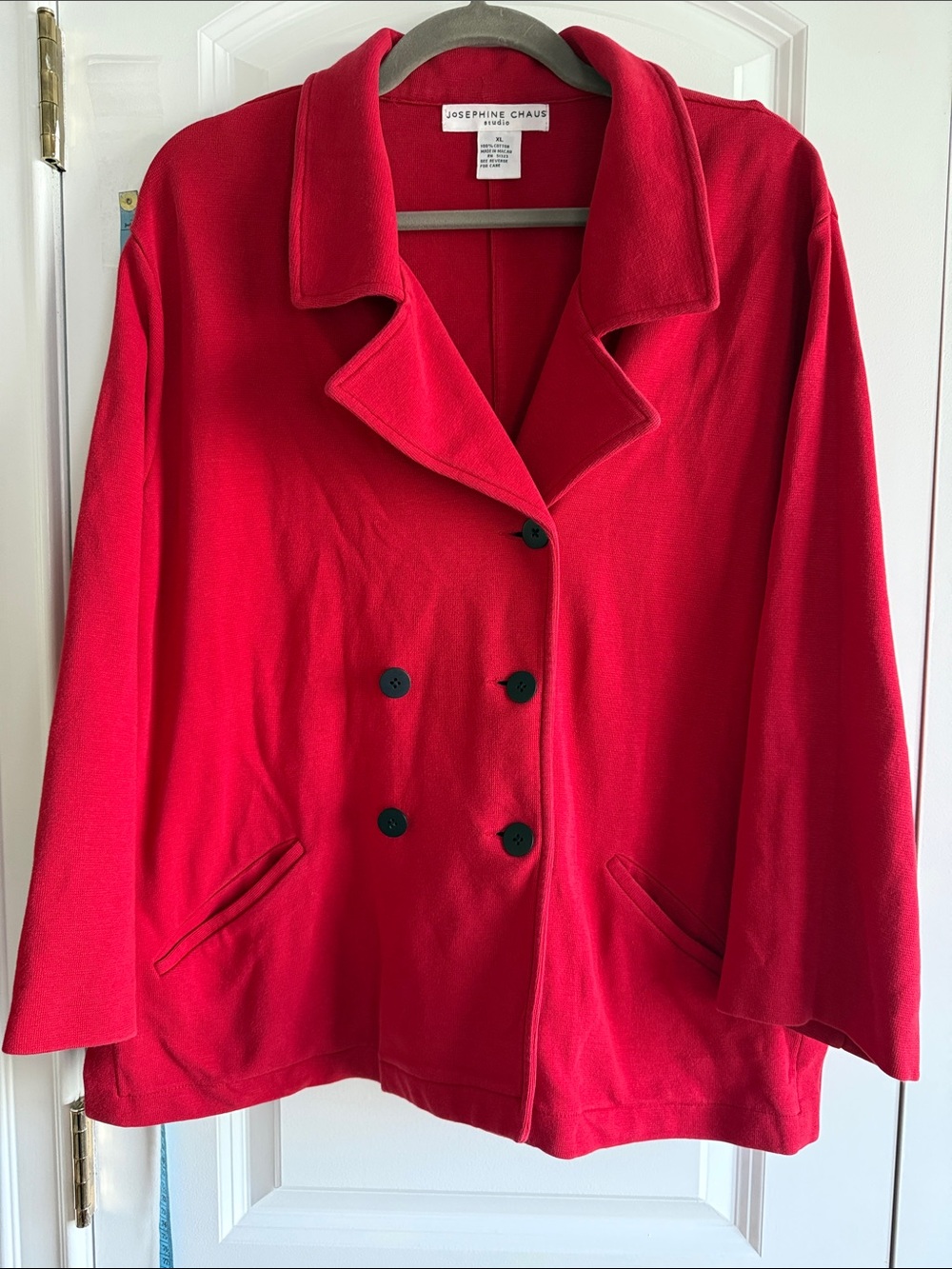 Josephine Chaus Cotton Red Double-Breasted Women's Button Jacket, Pockets, XL